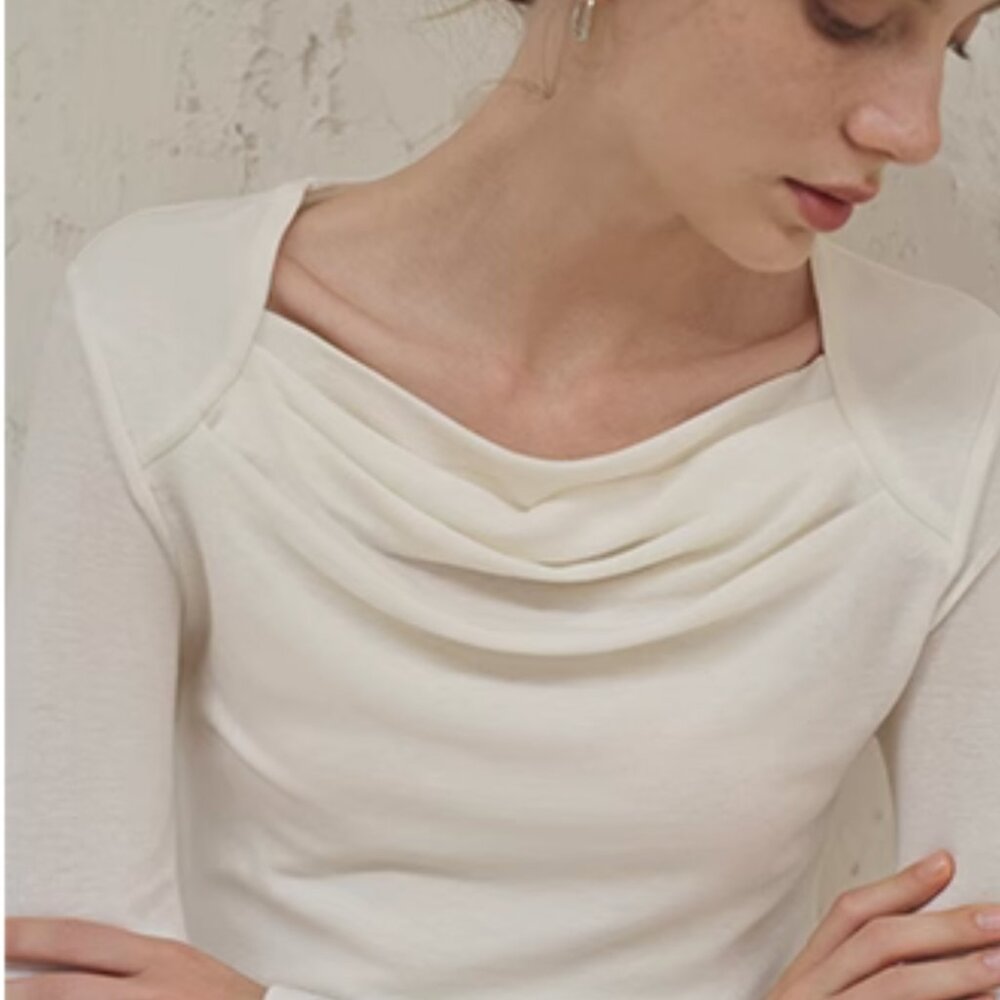 Minimalist Sheep Wool Blend Draped Cowl Neck Long Sleeve Top Soft White